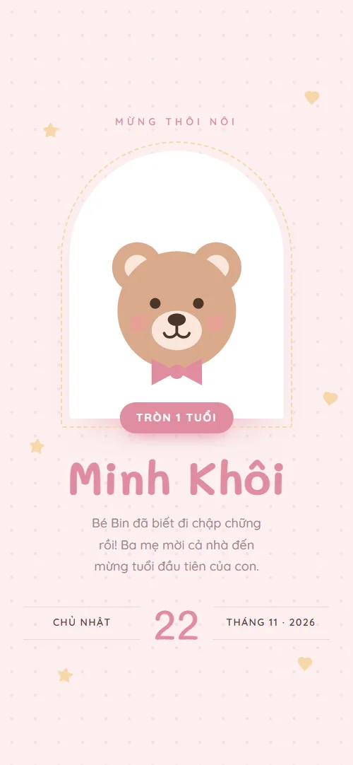 Mẫu thiệp thôi nôi online Gấu Bông